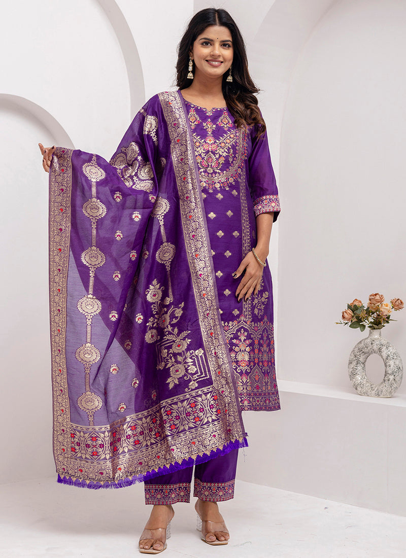 Vellora Jacquard Silk Royal Blue Party Wear Embroidery Work Readymade Salwar Suit | Grocsy