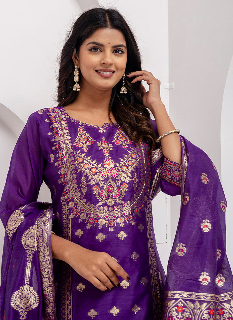 Vellora Jacquard Silk Royal Blue Party Wear Embroidery Work Readymade Salwar Suit | Grocsy