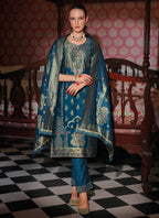 Vellora Jacquard Silk Teal Party Wear Embroidery Work Readymade Salwar Suit | Grocsy