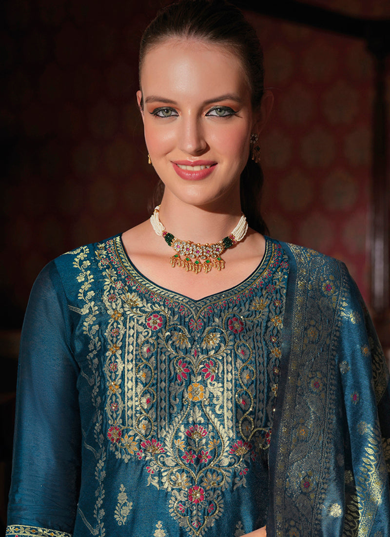 Vellora Jacquard Silk Teal Party Wear Embroidery Work Readymade Salwar Suit | Grocsy