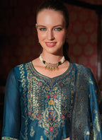Vellora Jacquard Silk Teal Party Wear Embroidery Work Readymade Salwar Suit | Grocsy