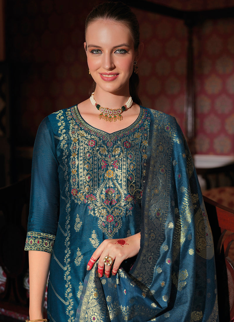 Vellora Jacquard Silk Teal Party Wear Embroidery Work Readymade Salwar Suit | Grocsy