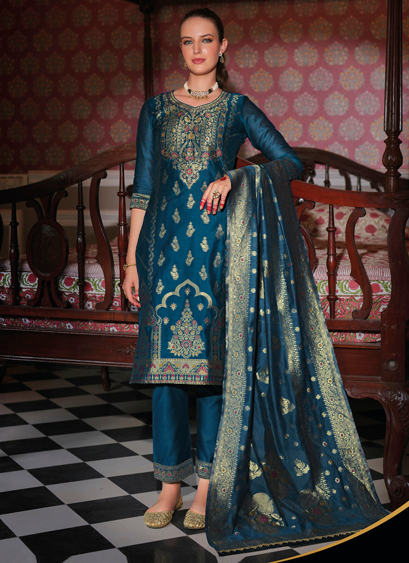 Vellora Jacquard Silk Teal Party Wear Embroidery Work Readymade Salwar Suit | Grocsy