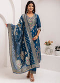 Vellora Jacquard Silk Teal Blue Party Wear Embroidery Work Readymade Salwar Suit | Grocsy