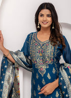 Vellora Jacquard Silk Teal Blue Party Wear Embroidery Work Readymade Salwar Suit | Grocsy