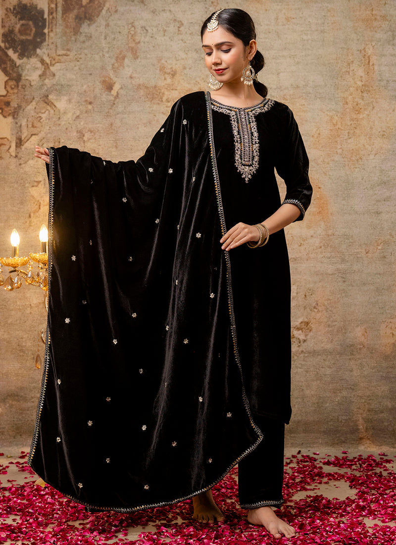 Vellora Velvet Black Party Wear Embroidery Work Readymade Salwar Suit | Grocsy
