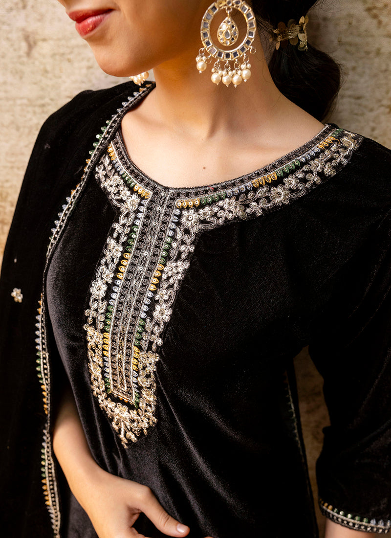 Vellora Velvet Black Party Wear Embroidery Work Readymade Salwar Suit | Grocsy