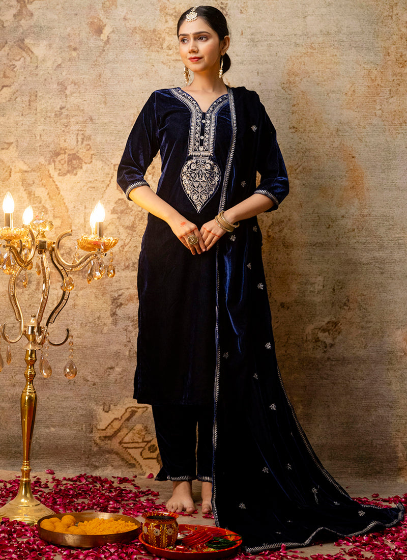 Vellora Velvet Blue Party Wear Embroidery Work Readymade Salwar Suit | Grocsy
