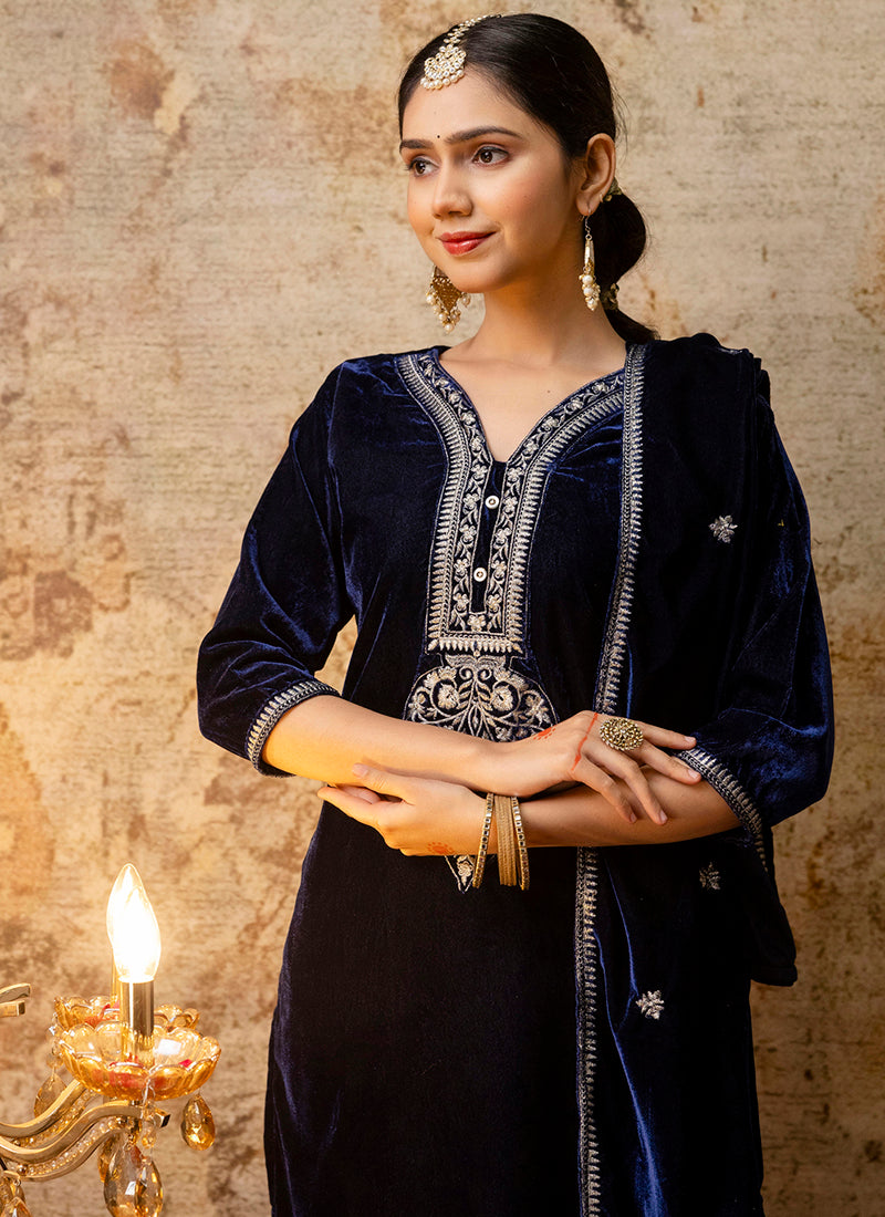 Vellora Velvet Blue Party Wear Embroidery Work Readymade Salwar Suit | Grocsy