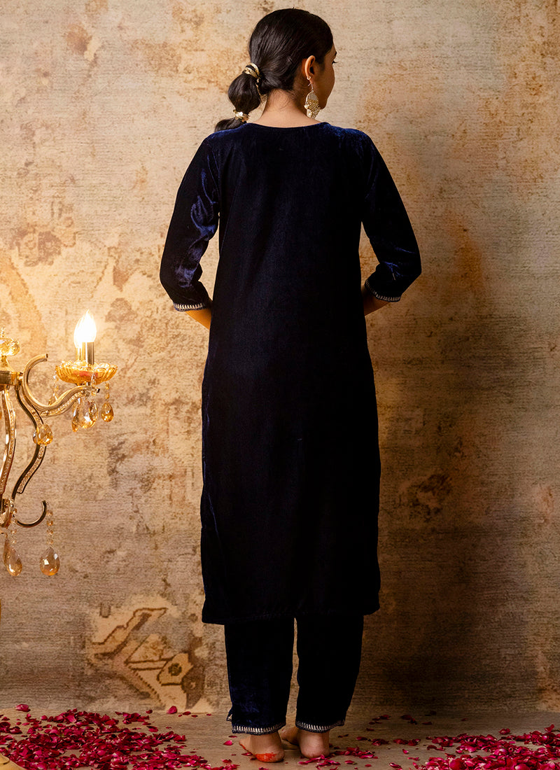 Vellora Velvet Blue Party Wear Embroidery Work Readymade Salwar Suit | Grocsy