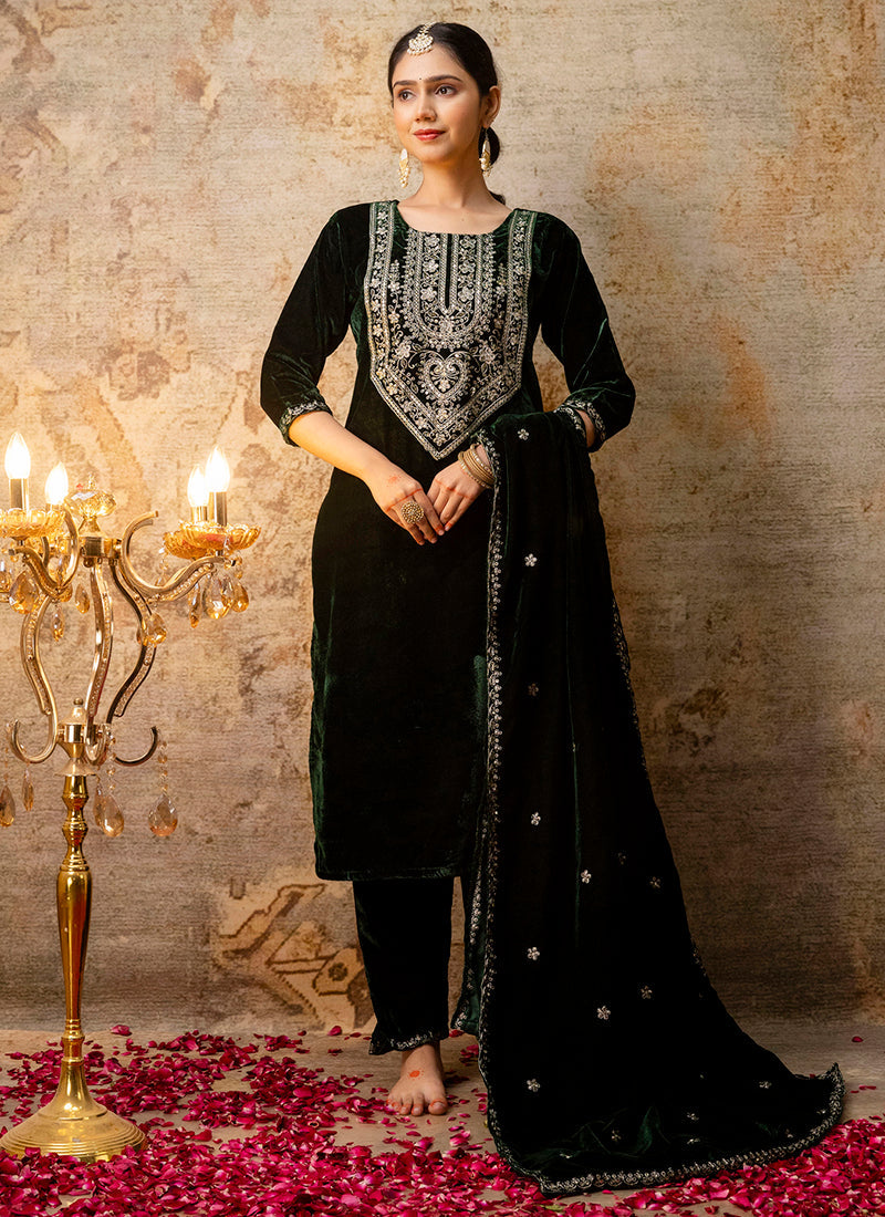 Vellora Velvet Dark Green Party Wear Embroidery Work Readymade Salwar Suit | Grocsy