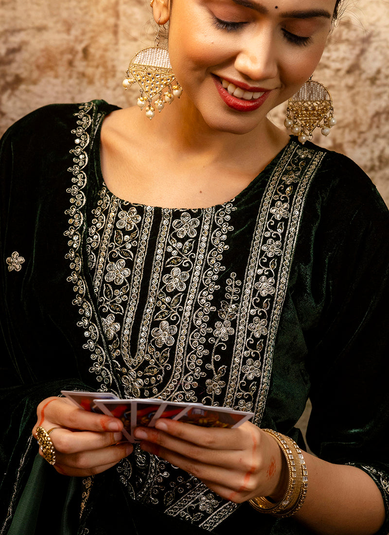Vellora Velvet Dark Green Party Wear Embroidery Work Readymade Salwar Suit | Grocsy