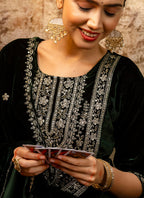 Vellora Velvet Dark Green Party Wear Embroidery Work Readymade Salwar Suit | Grocsy