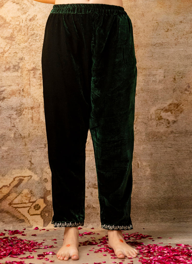 Vellora Velvet Dark Green Party Wear Embroidery Work Readymade Salwar Suit | Grocsy