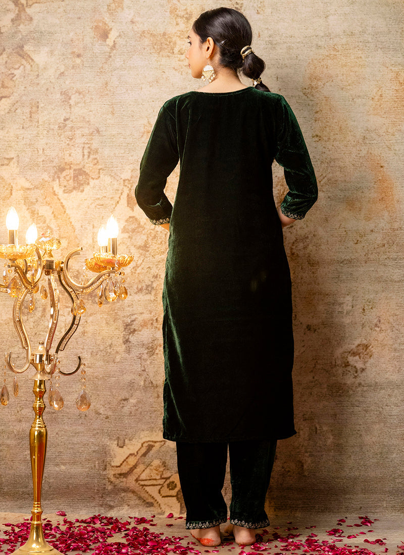 Vellora Velvet Dark Green Party Wear Embroidery Work Readymade Salwar Suit | Grocsy