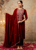 Vellora Velvet Maroon Party Wear Embroidery Work Readymade Salwar Suit | Grocsy