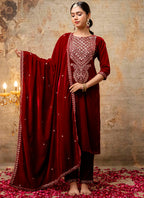 Vellora Velvet Maroon Party Wear Embroidery Work Readymade Salwar Suit | Grocsy
