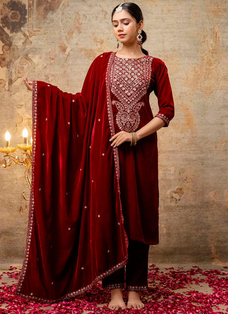 Vellora Velvet Maroon Party Wear Embroidery Work Readymade Salwar Suit | Grocsy