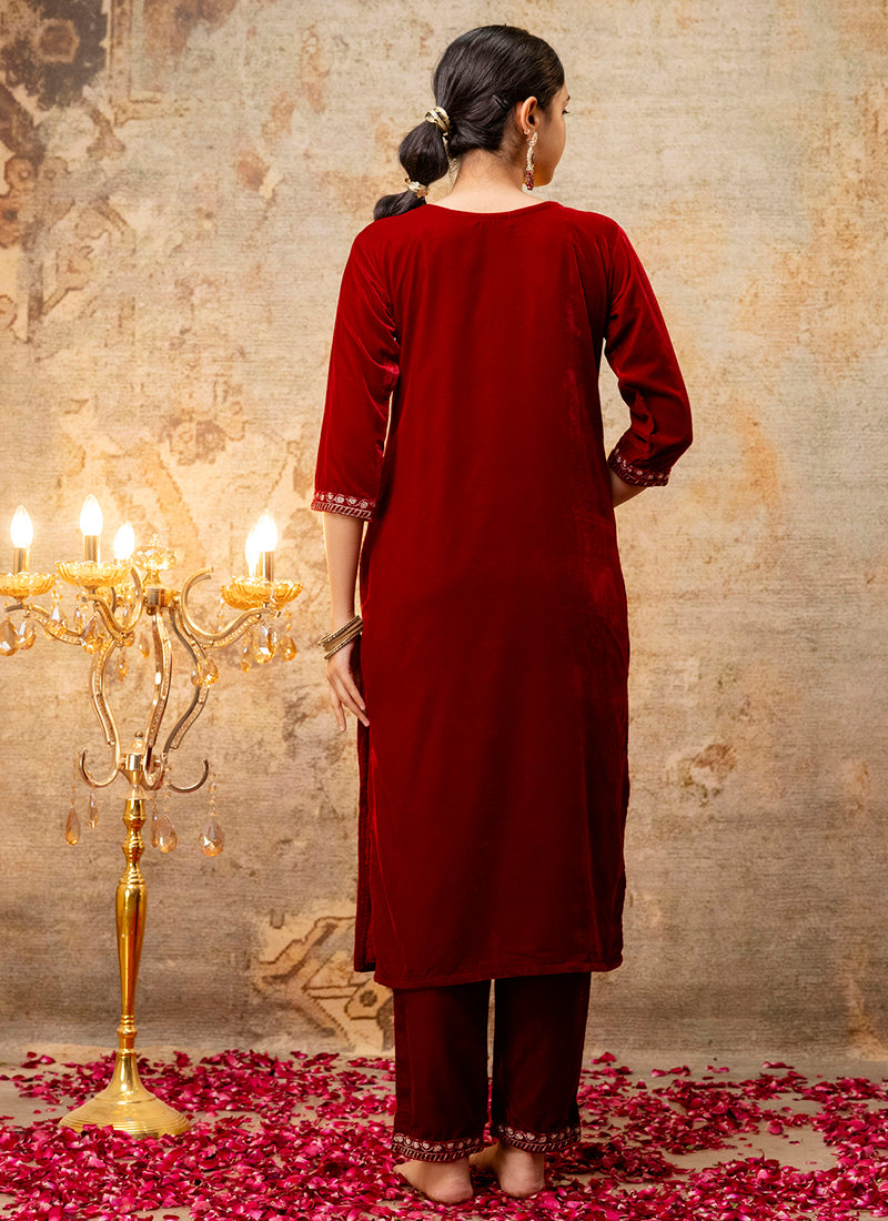 Vellora Velvet Maroon Party Wear Embroidery Work Readymade Salwar Suit | Grocsy