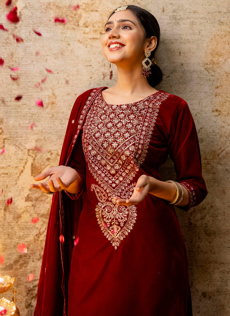 Vellora Velvet Maroon Party Wear Embroidery Work Readymade Salwar Suit | Grocsy