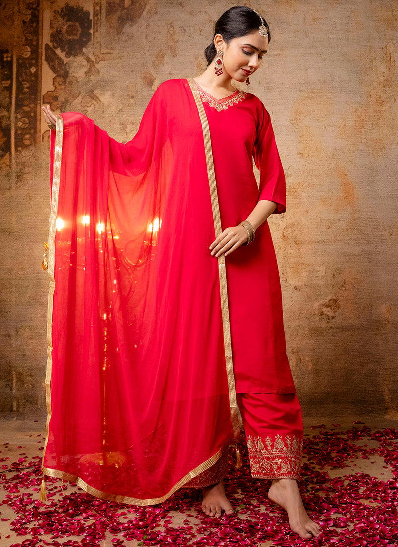 Vellora Silk Blend Bright Red Party Wear Embroidery Work Readymade Salwar Suit | Grocsy