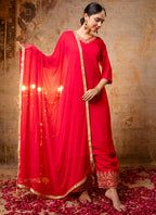 Vellora Silk Blend Bright Red Party Wear Embroidery Work Readymade Salwar Suit | Grocsy