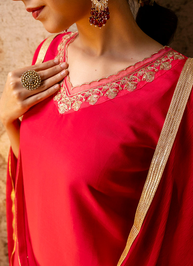 Vellora Silk Blend Bright Red Party Wear Embroidery Work Readymade Salwar Suit | Grocsy