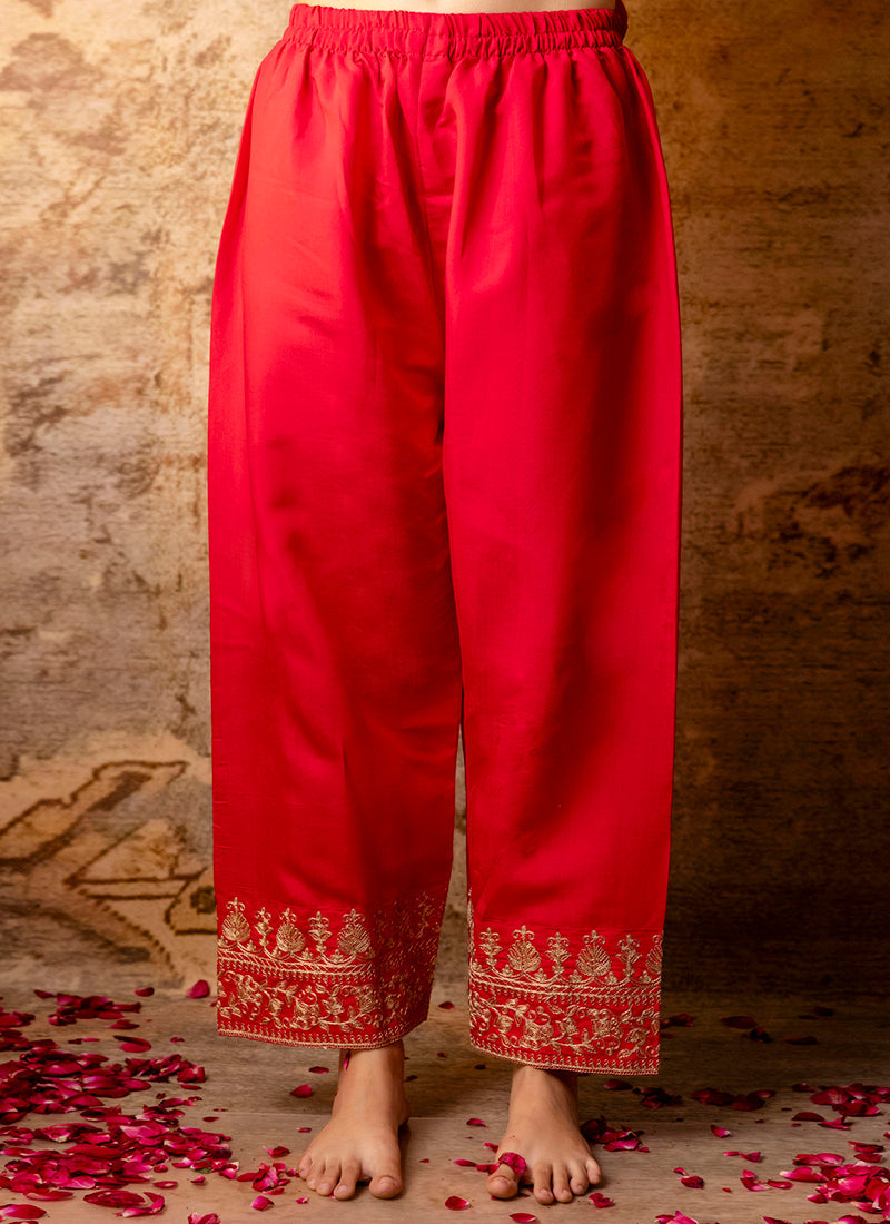 Vellora Silk Blend Bright Red Party Wear Embroidery Work Readymade Salwar Suit | Grocsy
