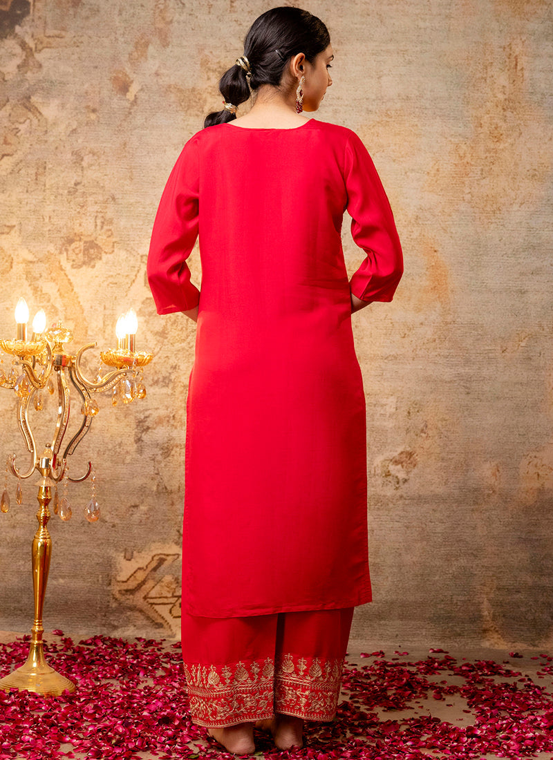 Vellora Silk Blend Bright Red Party Wear Embroidery Work Readymade Salwar Suit | Grocsy