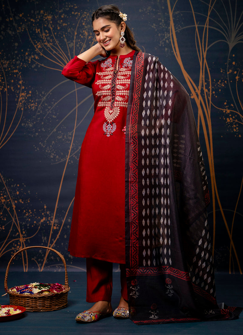 Vellora Cotton Silk Blend Maroon Party Wear Embroidery Work Readymade Salwar Suit | Grocsy