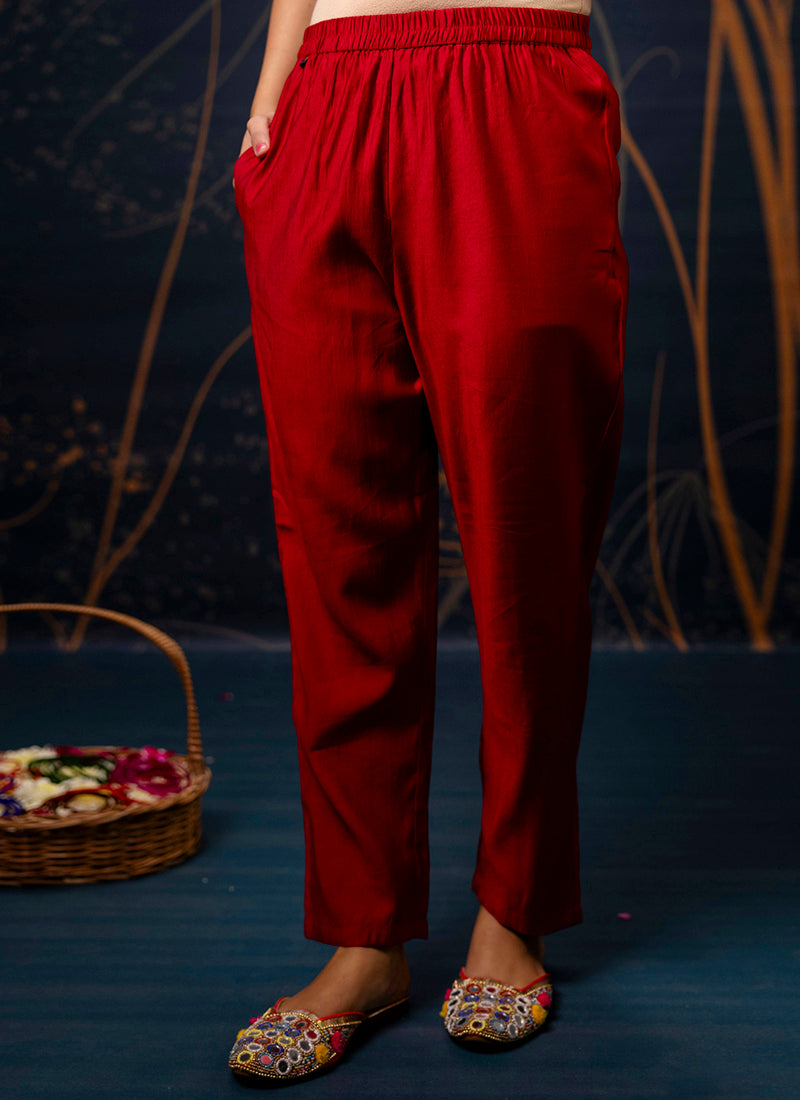 Vellora Cotton Silk Blend Maroon Party Wear Embroidery Work Readymade Salwar Suit | Grocsy