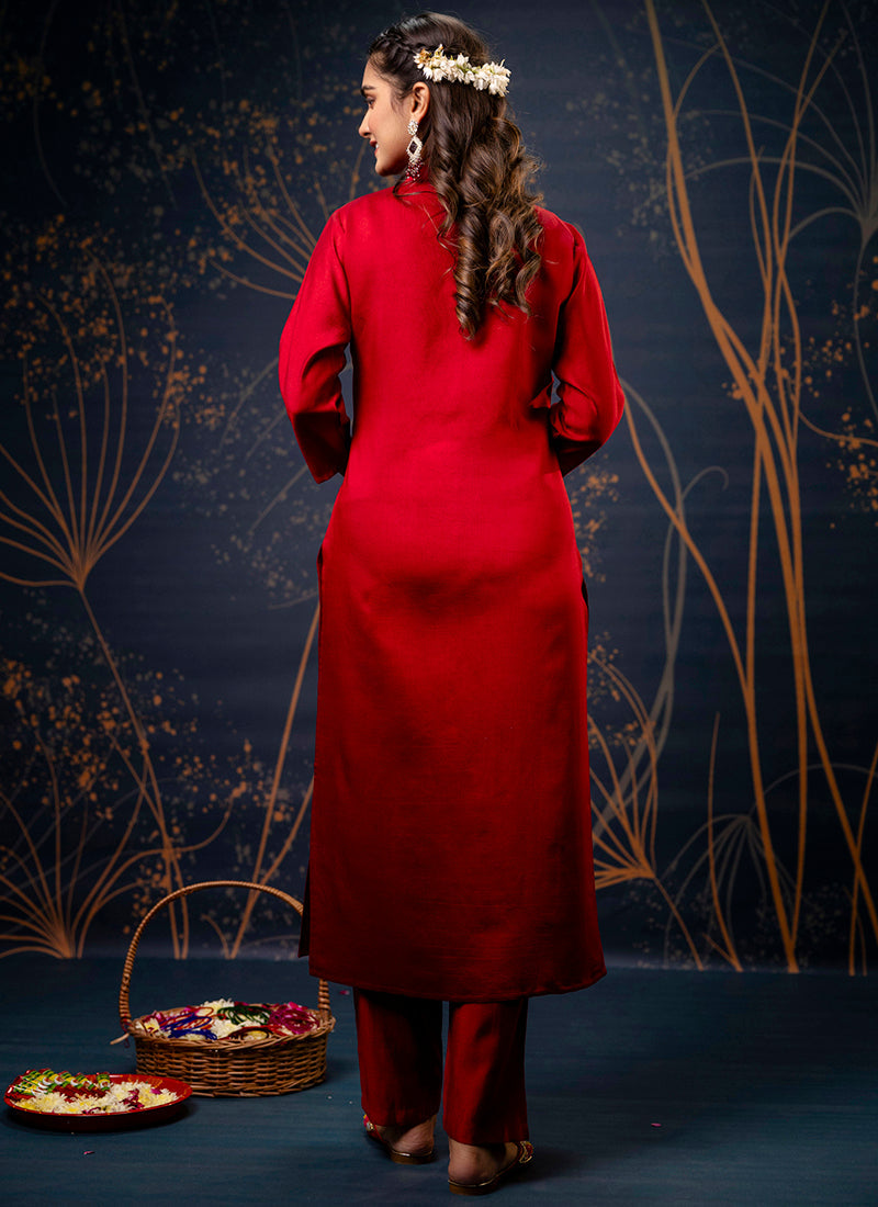 Vellora Cotton Silk Blend Maroon Party Wear Embroidery Work Readymade Salwar Suit | Grocsy