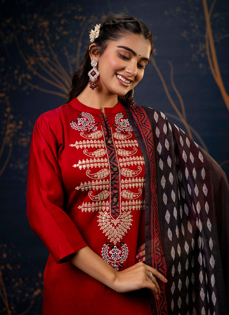 Vellora Cotton Silk Blend Maroon Party Wear Embroidery Work Readymade Salwar Suit | Grocsy