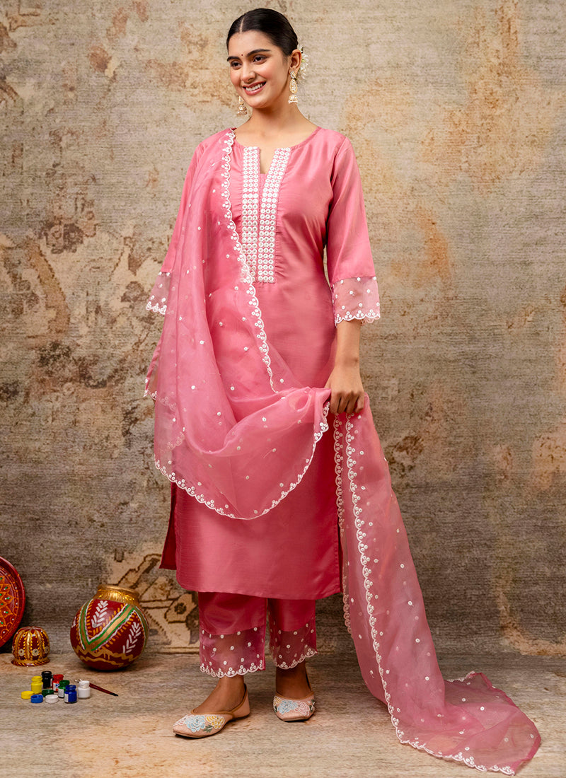 Vellora Silk Blend Pink Party Wear Embroidery Work Readymade Salwar Suit | Grocsy