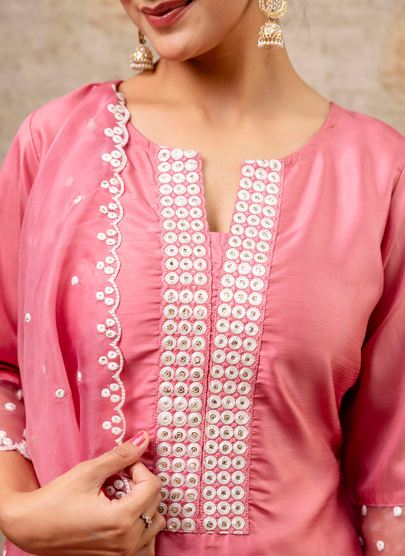 Vellora Silk Blend Pink Party Wear Embroidery Work Readymade Salwar Suit | Grocsy