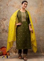 Vellora Silk Blend Mehendi Party Wear Embroidery Work Readymade Salwar Suit | Grocsy