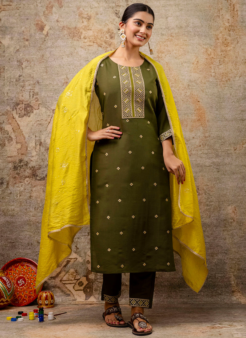 Vellora Silk Blend Mehendi Party Wear Embroidery Work Readymade Salwar Suit | Grocsy