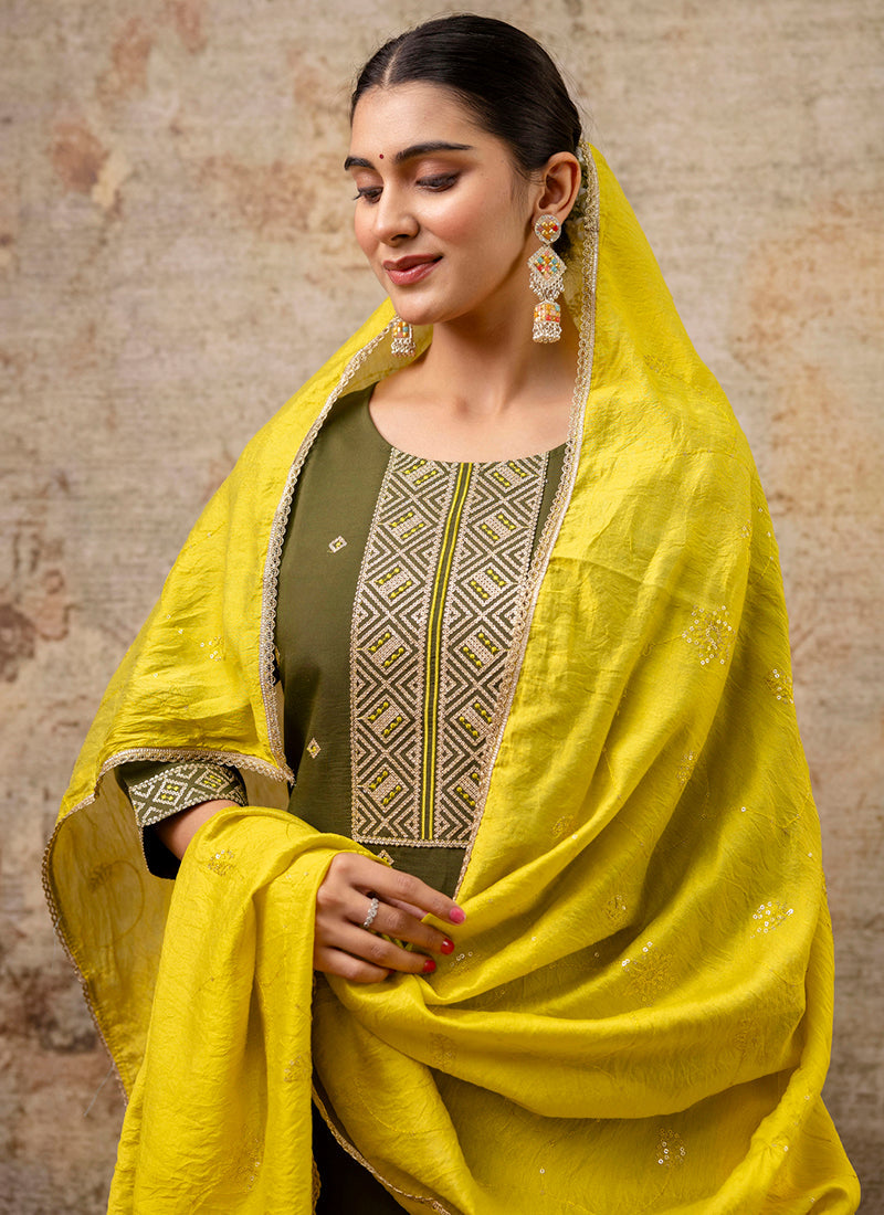 Vellora Silk Blend Mehendi Party Wear Embroidery Work Readymade Salwar Suit | Grocsy