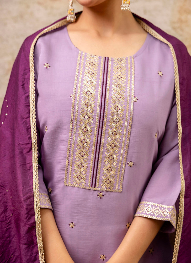 Vellora Silk Blend Lavender Party Wear Embroidery Work Readymade Salwar Suit | Grocsy