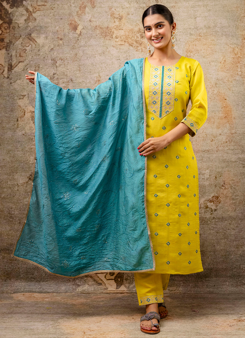 Vellora Silk Blend Yellow Party Wear Embroidery Work Readymade Salwar Suit | Grocsy