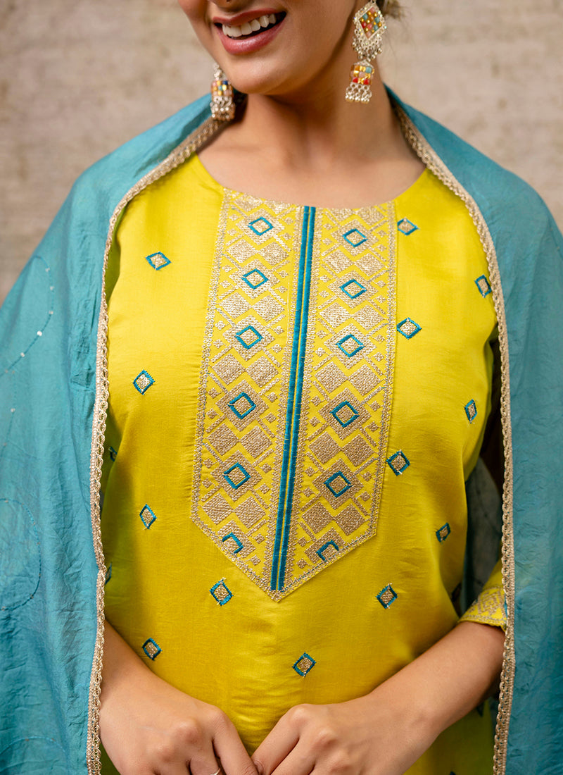 Vellora Silk Blend Yellow Party Wear Embroidery Work Readymade Salwar Suit | Grocsy