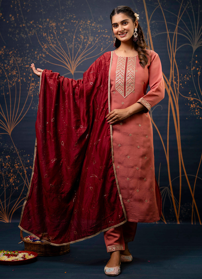 Vellora Silk Blend Peach Party Wear Embroidery Work Readymade Salwar Suit | Grocsy