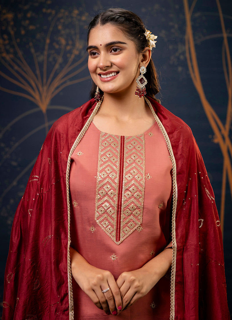 Vellora Silk Blend Peach Party Wear Embroidery Work Readymade Salwar Suit | Grocsy