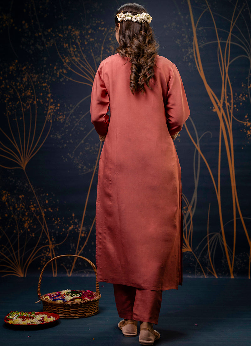 Vellora Silk Blend Peach Party Wear Embroidery Work Readymade Salwar Suit | Grocsy