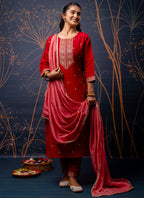 Vellora Silk Blend Red Party Wear Embroidery Work Readymade Salwar Suit | Grocsy