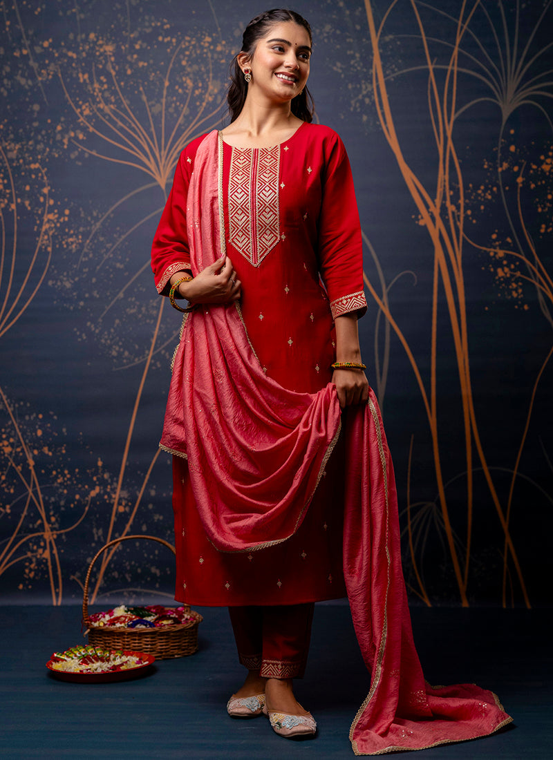 Vellora Silk Blend Red Party Wear Embroidery Work Readymade Salwar Suit | Grocsy