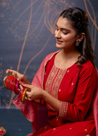 Vellora Silk Blend Red Party Wear Embroidery Work Readymade Salwar Suit | Grocsy