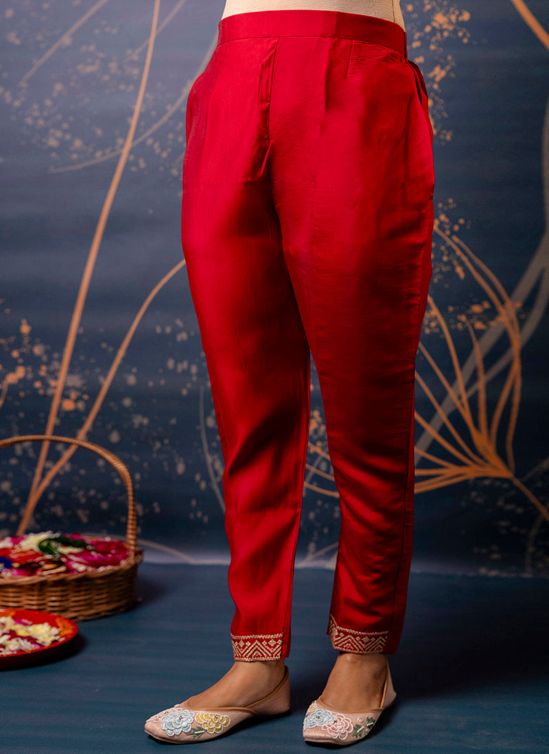 Vellora Silk Blend Red Party Wear Embroidery Work Readymade Salwar Suit | Grocsy