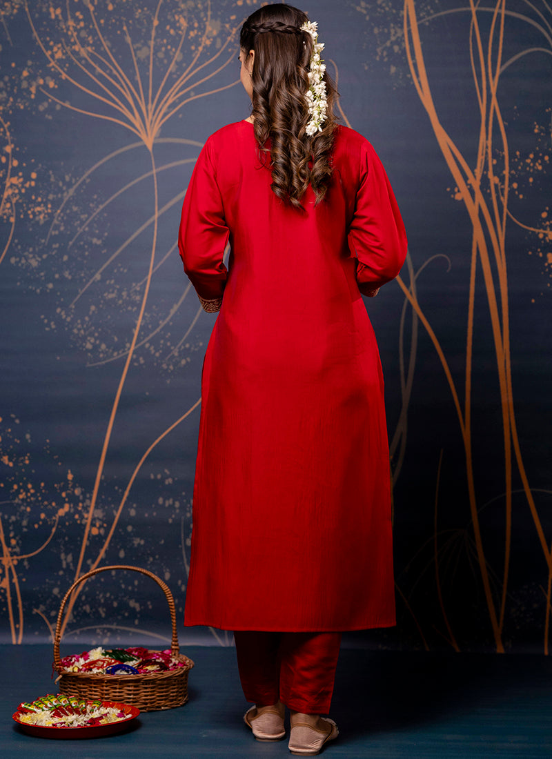 Vellora Silk Blend Red Party Wear Embroidery Work Readymade Salwar Suit | Grocsy