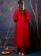 Vellora Silk Blend Red Party Wear Embroidery Work Readymade Salwar Suit | Grocsy